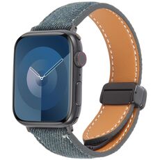 Per Apple Watch 46mm / 49mm / 45mm / 44mm Cinturino in pelle denim con fibbia magnetica pieghevole (blu scuro)