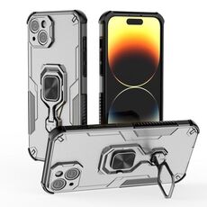 Per iPhone 14 Plus / 15 Plus Custodia per telefono in TPU ibrido per PC con supporto in metallo (grigio)