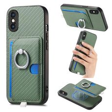 Per iPhone X / XS Custodia per telefono con inserto laterale ad anello in fibra di carbonio MagSafe (verde)