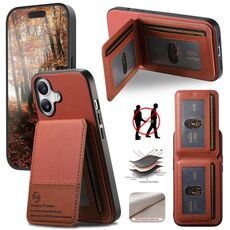 Per iPhone 16 Plus Twill Tessuto Pelle Verticale Flip RFID Card Bag Custodia per Telefono (Marrone)