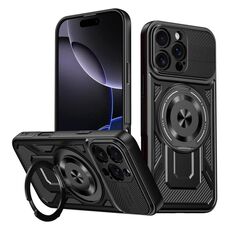 Per iPhone 16 Pro Max Custodia per telefono con supporto rotante MagSafe Armor (nero)