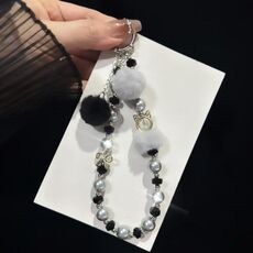 Piccola catena per cellulare con perle a forma di palla di pelo (grigio)