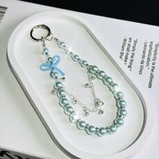 Catena per cellulare con fiocco in vetro e perle (blu)