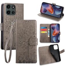 Per Motorola Moto G 5G 2025 Custodia in pelle goffrata con motivo albero e cervo (grigio)