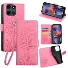 Per Motorola Moto G 5G 2025 Custodia in pelle goffrata con motivo albero e cervo (rosa)