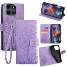 Per Motorola Moto G 5G 2025 Custodia in pelle goffrata con motivo albero e cervo (viola)