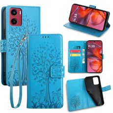 Per Motorola Moto G05 Custodia in pelle goffrata con motivo albero e cervo (blu)