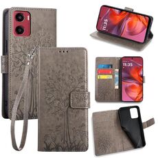 Per Motorola Moto G05 Custodia in pelle goffrata con motivo albero e cervo (grigio)