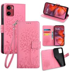 Per Motorola Moto G05 Custodia in pelle goffrata con motivo albero e cervo (rosa)