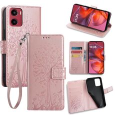Per Motorola Moto G05 Custodia in pelle goffrata con motivo albero e cervo (oro rosa)