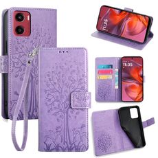 Per Motorola Moto G05 Custodia in pelle goffrata con motivo albero e cervo (viola)