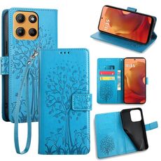 Per Motorola Moto G15 / G15 Power Custodia in pelle goffrata con motivo albero e cervo (blu)