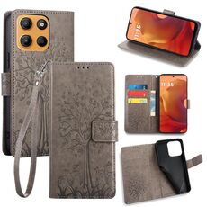 Per Motorola Moto G15 / G15 Power Custodia in pelle goffrata con motivo albero e cervo (grigio)