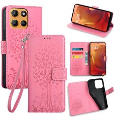 Per Motorola Moto G15 / G15 Power Custodia in pelle goffrata con motivo albero e cervo (rosa)