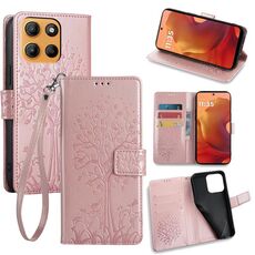 Per Motorola Moto G15 / G15 Power Custodia in pelle goffrata con motivo albero e cervo (oro rosa)