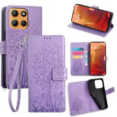 Per Motorola Moto G15 / G15 Power Custodia in pelle goffrata con motivo albero e cervo (viola)