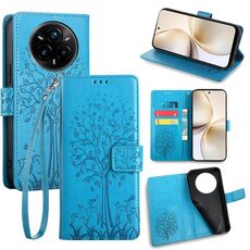 Per Realme 14 Pro 5G Custodia per telefono in pelle con motivo albero e cervo in rilievo (blu)