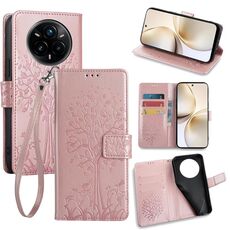 Per Realme 14 Pro 5G Custodia per telefono in pelle con motivo albero e cervo in rilievo (oro rosa)