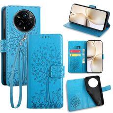 Per Realme 14 Pro+ 5G Custodia in pelle goffrata con motivo albero e cervo (blu)