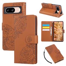 Custodia in pelle con 3 slot per carte di credito e motivo a fiori di rosa per Google Pixel 8 (marrone)