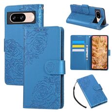 Custodia in pelle con 3 slot per carte di credito e motivo a fiori di rosa per Google Pixel 8 (blu)