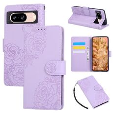 Custodia in pelle con 3 slot per carte di credito e motivo a fiori di rosa per Google Pixel 8 (viola)
