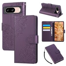 Custodia in pelle con 3 slot per carte di credito e motivo a fiori di rosa per Google Pixel 8 (viola scuro)