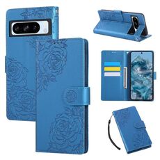 Per Google Pixel 8 Pro Custodia in pelle con 3 slot per carte e motivo a fiori rosa in rilievo (blu)