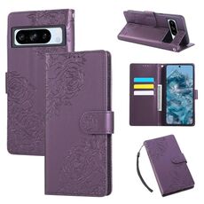 Custodia in pelle con 3 slot per carte di credito e motivo a fiori di rosa per Google Pixel 8 Pro (viola scuro)
