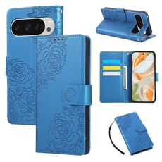Per Google Pixel 9 / 9 Pro Custodia in pelle con 3 slot per carte e motivo a fiori di rosa (blu)