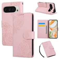 Per Google Pixel 9 / 9 Pro Custodia in pelle con 3 slot per carte e motivo a fiori di rosa (rosa)