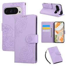 Per Google Pixel 9 / 9 Pro Custodia in pelle con 3 slot per carte e motivo a fiori di rosa (viola)