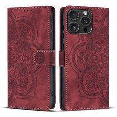 Per iPhone 16 Pro Max Custodia per telefono in pelle smerigliata retrò con motivo mandala in rilievo (rosso)