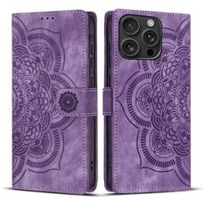 Per iPhone 16 Pro Max Custodia per telefono in pelle smerigliata retrò con stampa mandala (viola)