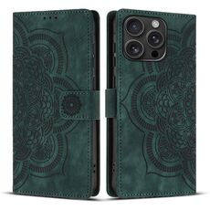 Per iPhone 16 Pro Max Custodia per telefono in pelle smerigliata retrò con motivo mandala in rilievo (verde)