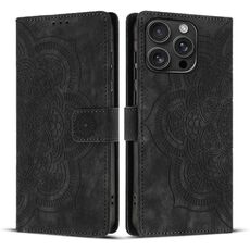 Per iPhone 16 Pro Max Custodia per telefono in pelle smerigliata retrò con motivo mandala in rilievo (nero)