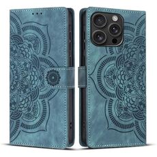 Per iPhone 16 Pro Custodia per telefono in pelle smerigliata retrò con motivo mandala in rilievo (blu)
