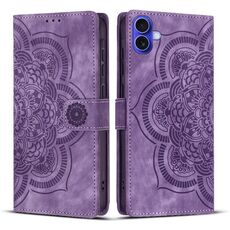 Per iPhone 16 Plus Custodia per telefono in pelle smerigliata retrò con stampa mandala (viola)