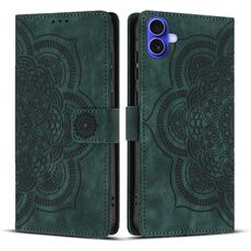 Per iPhone 16 Plus Custodia per telefono in pelle smerigliata retrò con motivo mandala in rilievo (verde)