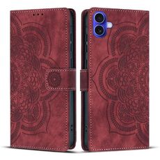 Per iPhone 16 Custodia per telefono in pelle smerigliata retrò con motivo mandala in rilievo (rosso)
