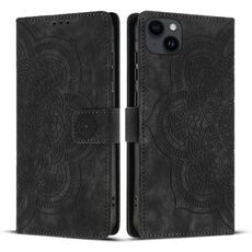 Per iPhone 14 Plus Custodia per telefono in pelle smerigliata retrò con motivo mandala in rilievo (nero)