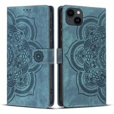 Per iPhone 14/13 Custodia per telefono in pelle smerigliata retrò con stampa mandala (blu)