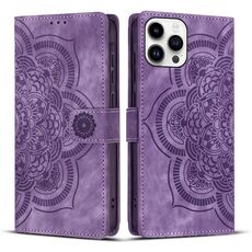 Per iPhone 14 Pro Max Custodia per telefono in pelle smerigliata retrò con motivo mandala in rilievo (viola)