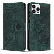 Per iPhone 14 Pro Max Custodia per telefono in pelle smerigliata retrò con motivo mandala in rilievo (verde)