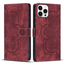 Per iPhone 13 Pro Max Custodia per telefono in pelle smerigliata retrò con motivo mandala in rilievo (rosso)
