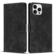 Per iPhone 13 Pro Max Custodia per telefono in pelle smerigliata retrò con motivo mandala in rilievo (nero)