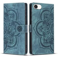 Per iPhone 16e Custodia per telefono in pelle smerigliata retrò con motivo mandala in rilievo (blu)