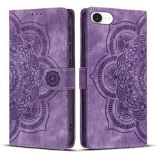 Per iPhone 16e Custodia per telefono in pelle smerigliata retrò con stampa mandala (viola)