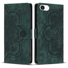 Per iPhone 16e Custodia per telefono in pelle smerigliata retrò con motivo mandala in rilievo (verde)
