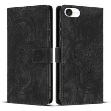 Per iPhone 16e Custodia per telefono in pelle smerigliata retrò con motivo mandala in rilievo (nero)